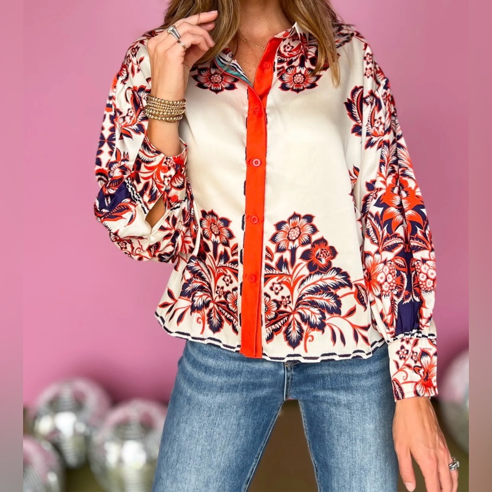 Fate Vibrant Floral Blouse - Red, Navy, Cream